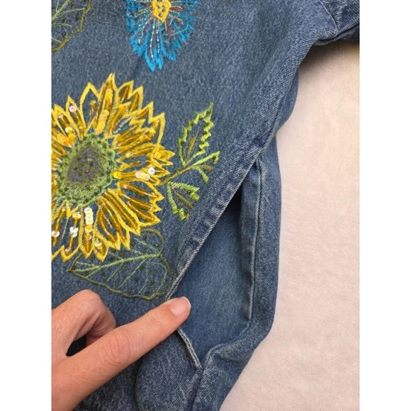 Vtg 90s Tantrums Ladybug Sunflower‎ Denim Shacket Embroidered Beads Sequins Sz M - Picture 14 of 16